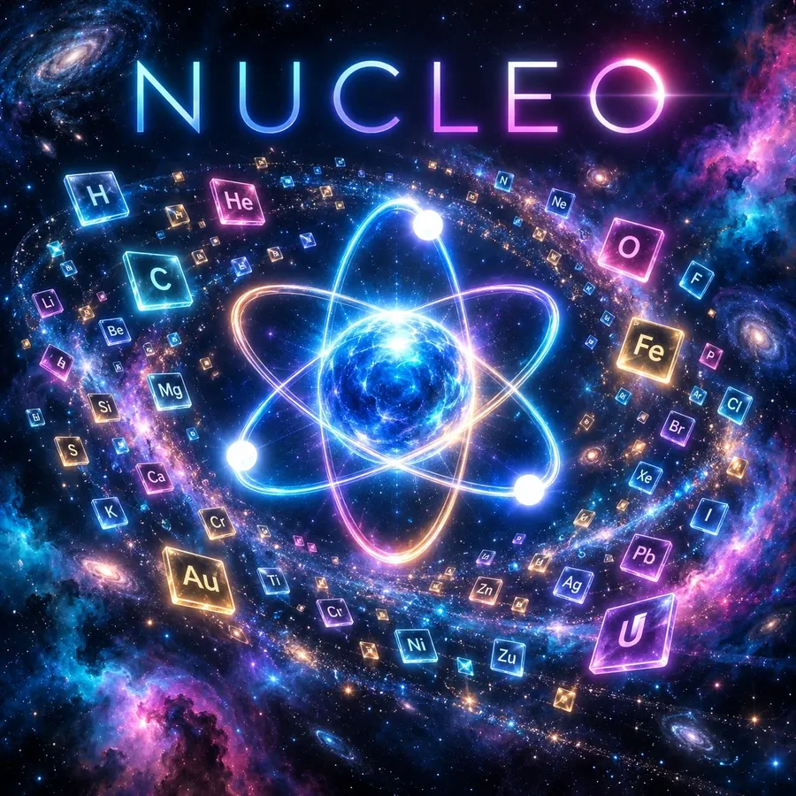 A glowing atom at the center of a galaxy, circled by element tiles