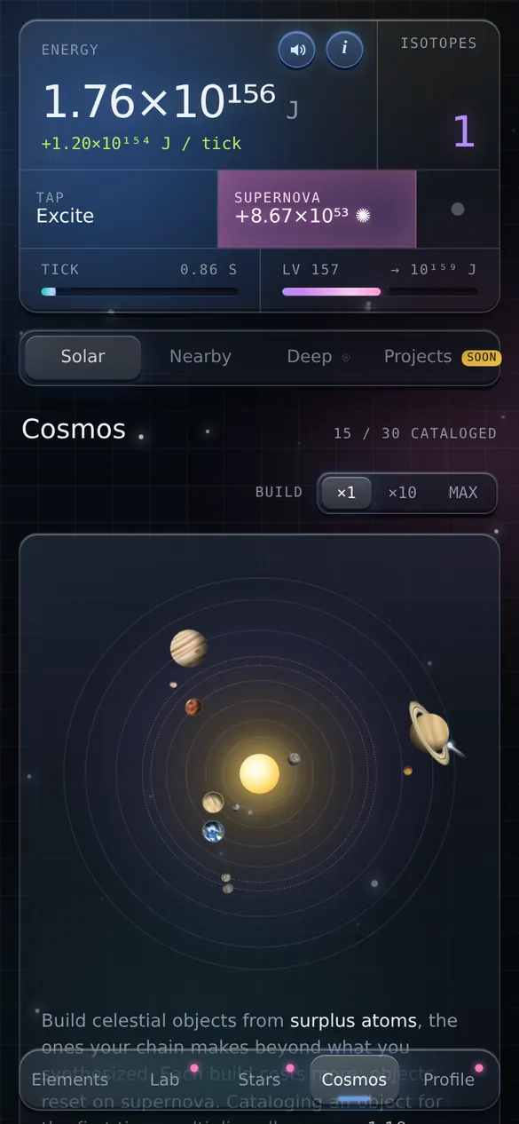 The Cosmos screen: an orrery of the Sun with planets and moons
