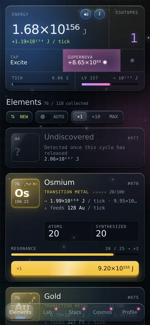 The Elements screen: osmium and gold cards with their atoms and energy