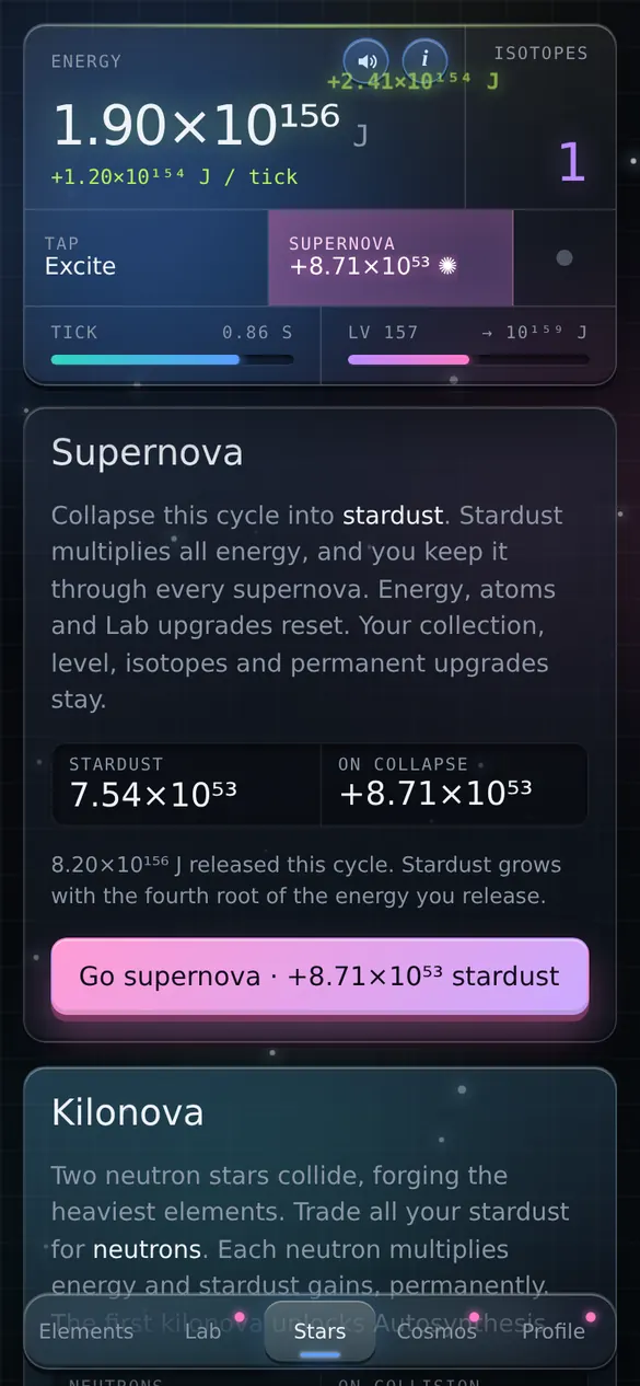 The Stars screen: supernova and kilonova panels
